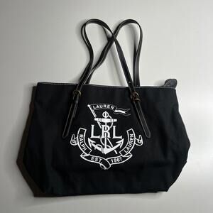 Lauren Ralph Lauren Black Canvas Tote Bag Nautical Crest Logo Leather Trim